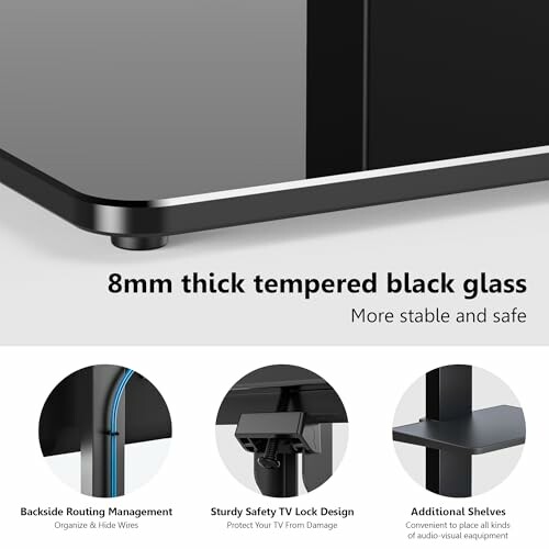 Features of a TV stand with 8mm thick tempered black glass, routing management, safety lock, and additional shelves.