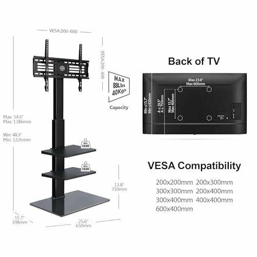 Universal TV stand with VESA compatibility details and specifications.